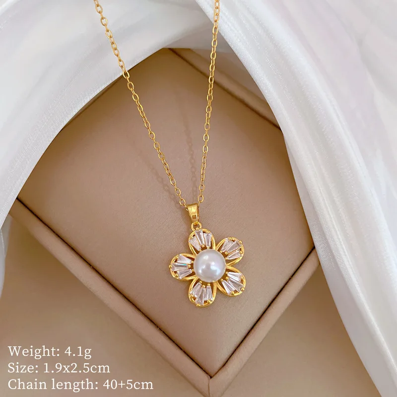 XIYANIKE 316l Stainless Steell Necklace Earring Set  Exquisite Luxury Pearl Crystal 5-Leaf Flower Clavicle Chain Ear Studs Group