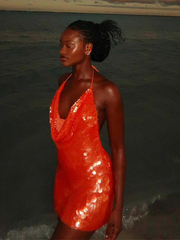 Glitter Sequined Halterชุดสั้นผู้หญิงเซ็กซี่ลึกVแขนกุดBackless Lace Up Party Dresses 2025 ฤดูร้อนใหม่สุภาพสตรีBeachwear