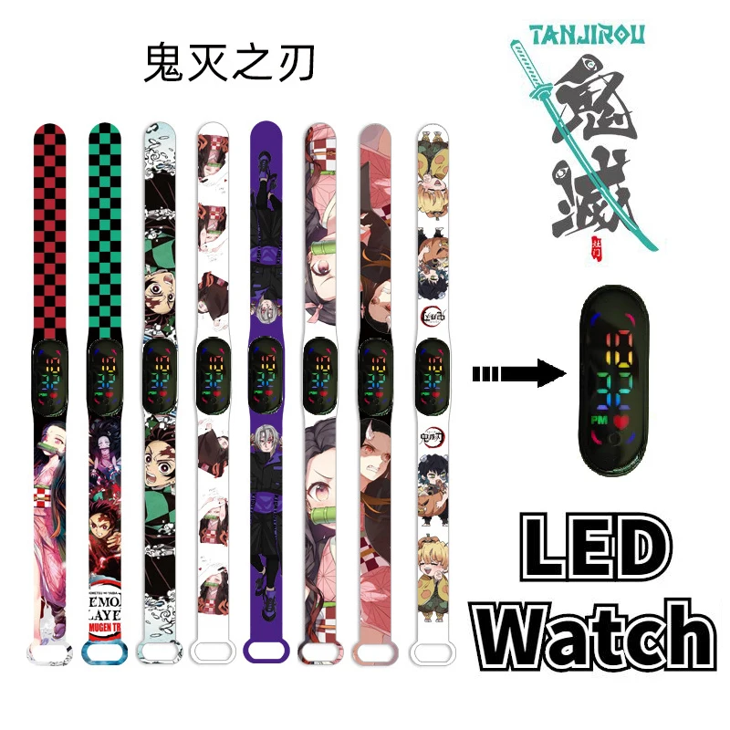 Demon Slayer Kids\' Watch Anime Figure Tanjiro Graffiti Silicone LED Electronic Bracelet Watch for Kids Birthday Gifts