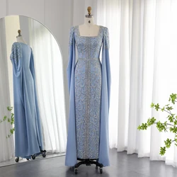 Jancember Dubai Blue Mermaid Muslim Evening Dresses with Cape Sleeves Arabic Women Wedding Engagement Party Gowns SCZ196