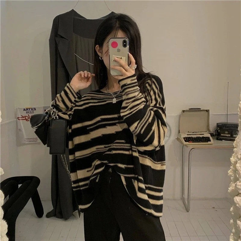 MEXZT Retro Striped Sweaters Women Loose Patchwork Knitted Jumpers Vintage Streetwear Punk Gothic Long Sleeve Oversize Pullover