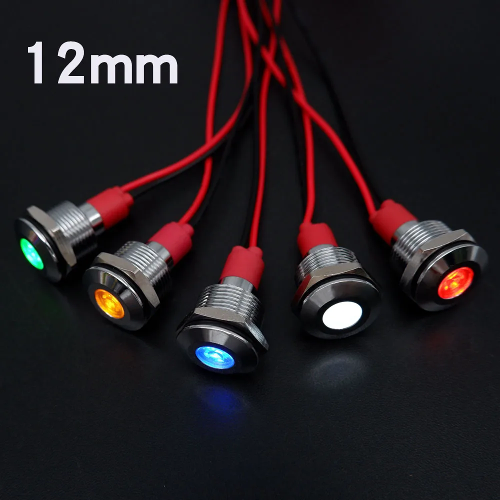 12mm Metal Power Indicator LED Signal Light Mini Indicator Light With Wire 3v 6v 12v 24v 110v 220v Red Blue Green Orange White