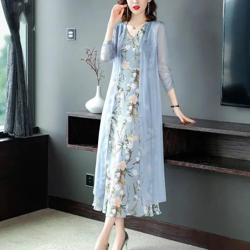 Set Size Large Dress New Chiffon Coat Slim and Fashion Reducing Age Cardigan Print Tank Top Two Piece Set