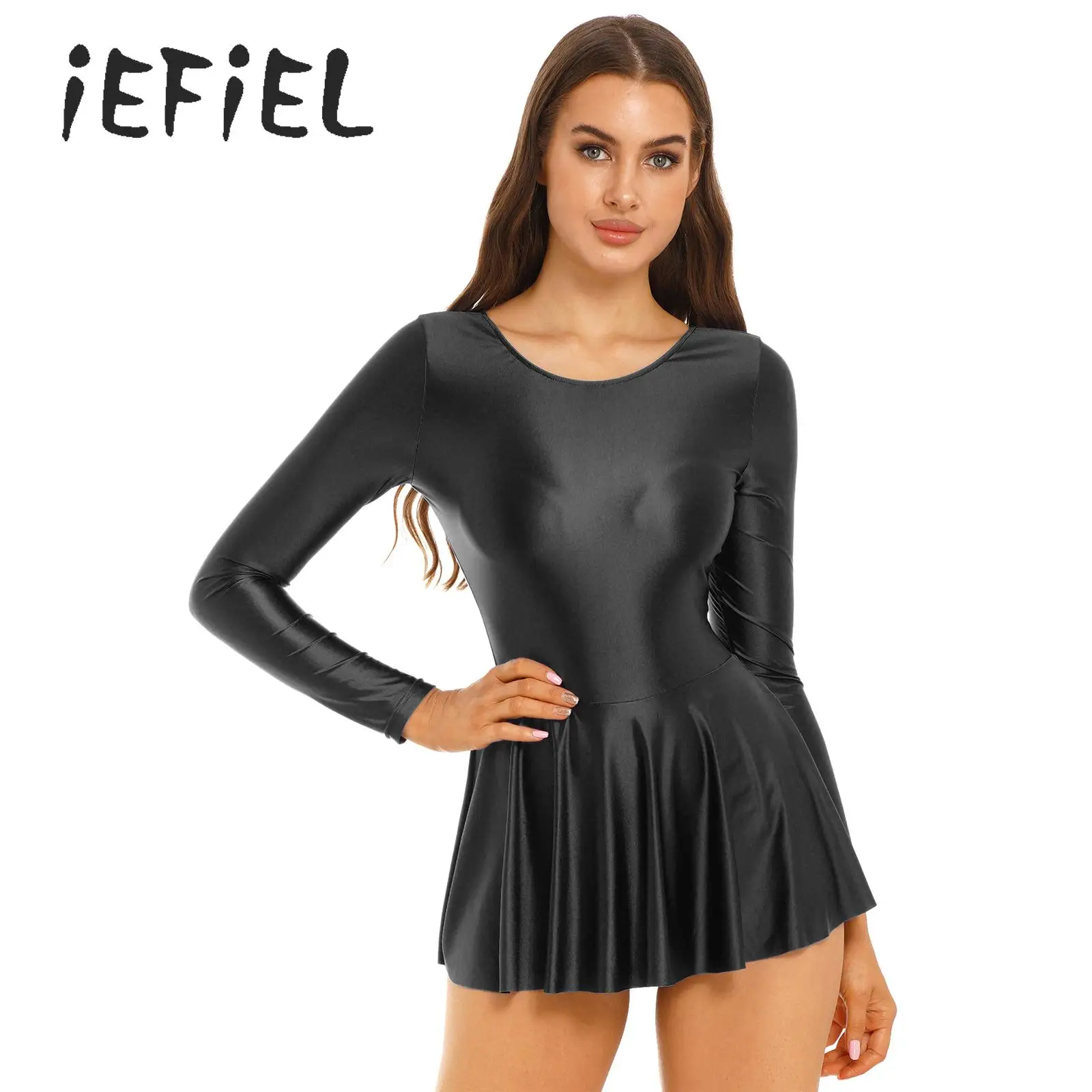 Women Glossy Ruffled Dress Swimsuit with Thong Oil Shiny Long Sleeve Sun Protection Leotard Swimwe﻿ar Swimming Bathing Suit
