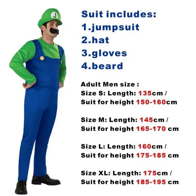 Anime Super Luigi Brothers Cosplay Volwassen Mannen en Vrouwen Halloween Kostuum Jumpsuit Met Hoed Snor Handschoenen
