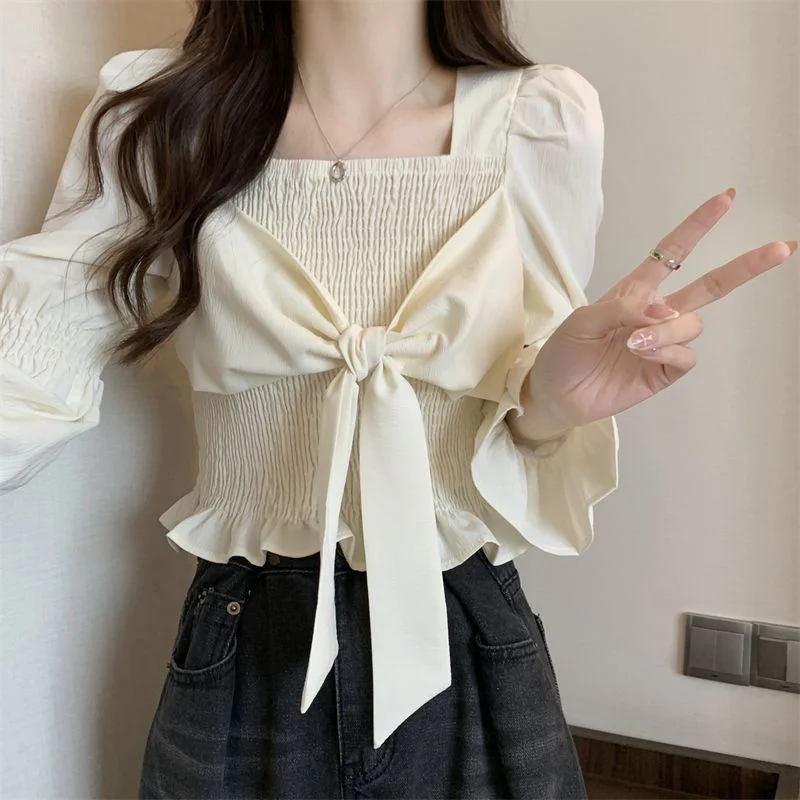 French Style Women Bow Shirts Casual Folds Puff Sleeve Black Base Shirt Female Elegant Slim Square Collar White Blouse Woman