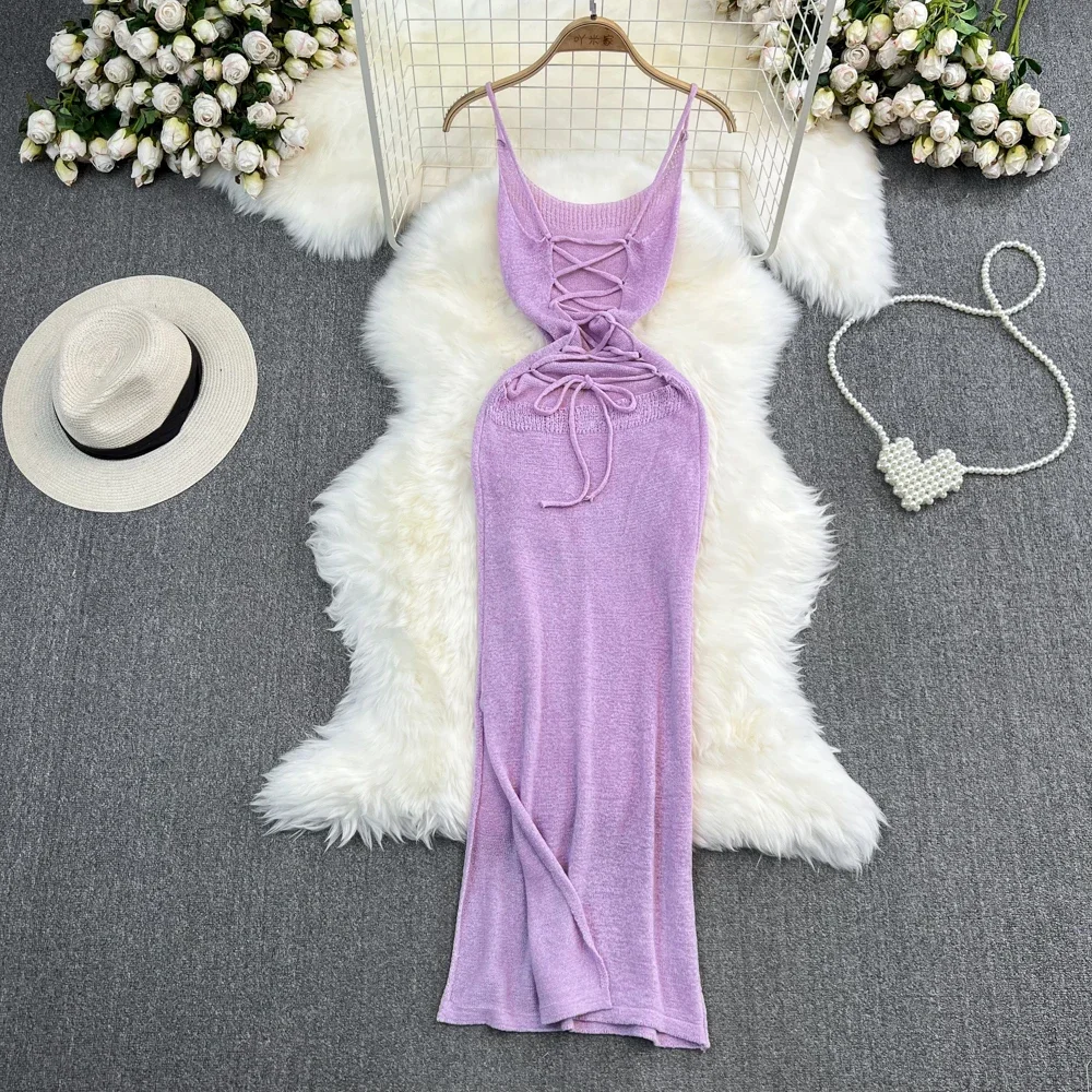 Blue/purple Summer Knit Sexy Strap Dress Women Tank Elatic Waist Bodycon Sundress Female Beach Split Backless Maxi Long Dress