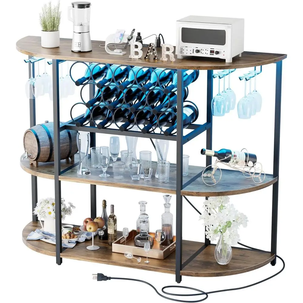 

Brown Home/Kitchen Wine Bar Cabinet with LED Lighting, Charging Station, and 3-Tier Storage Shelves