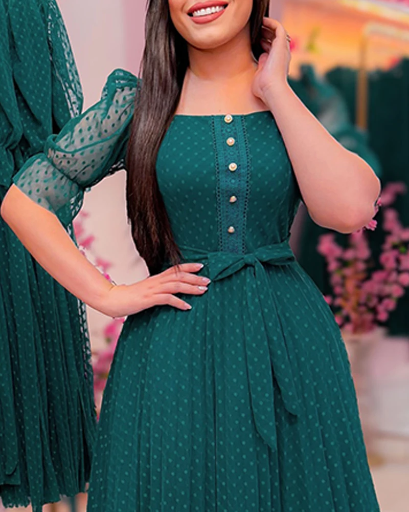 Vestidos elegantes para mujer, vestido acampanado con cintura acampanada y encaje con cuello cuadrado para ir al trabajo, vestido Midi informal de malla transparente para mujer