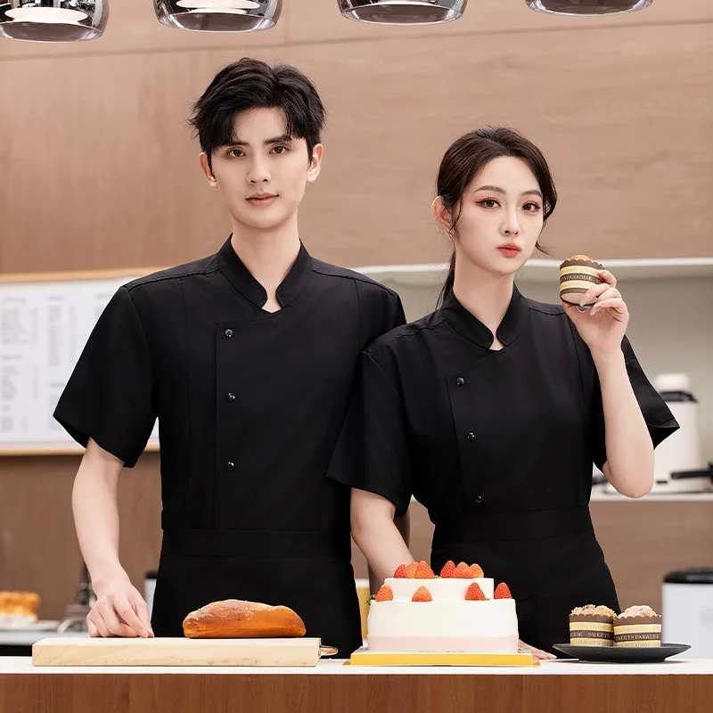 Veste de Chef respirante, uniforme avec tablier en maille à manches courtes, manteau de Chef de cuisine de Restaurant, vêtements de travail noirs, accessoires de chef pour hommes