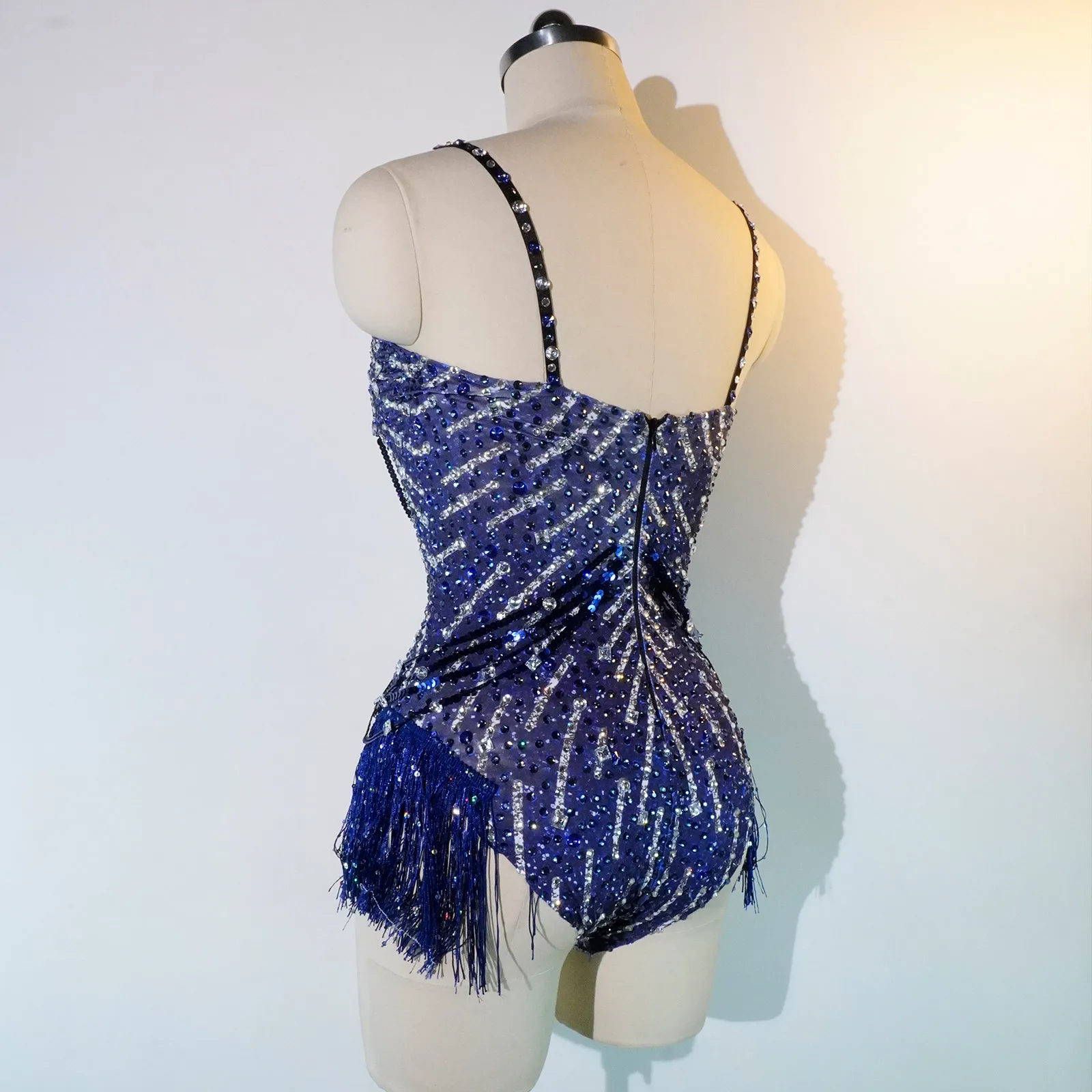 New Music Stage Singer Costumes Glittering Blue Rhinestones Tassel Bodysuit Latina Dance Costumes Queen Nightclub Birthday DJ DS