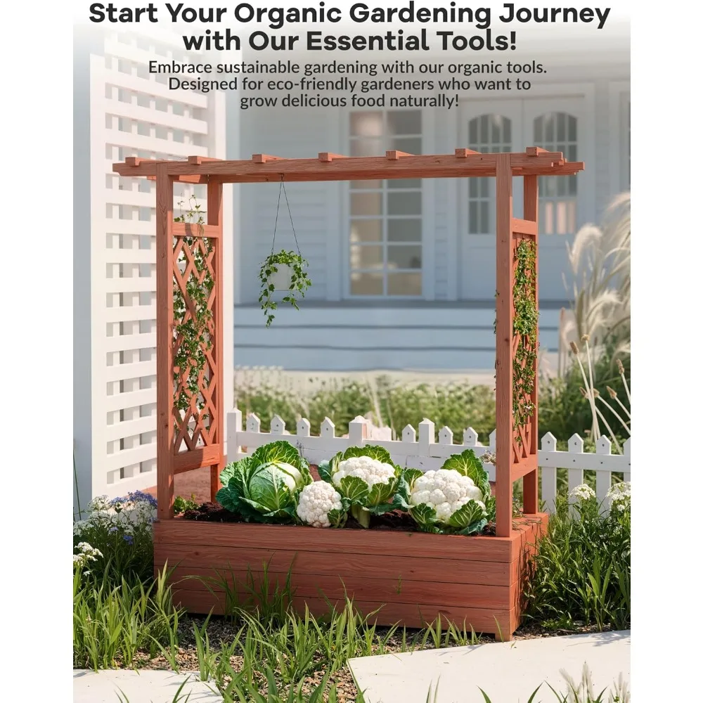 سرير حديقة خشبي مرتفع مع تعريشة - صندوق زراعة 45 بوصة لنباتات التسلق والكروم والزهور - ديكور الفناء والشرفة #4