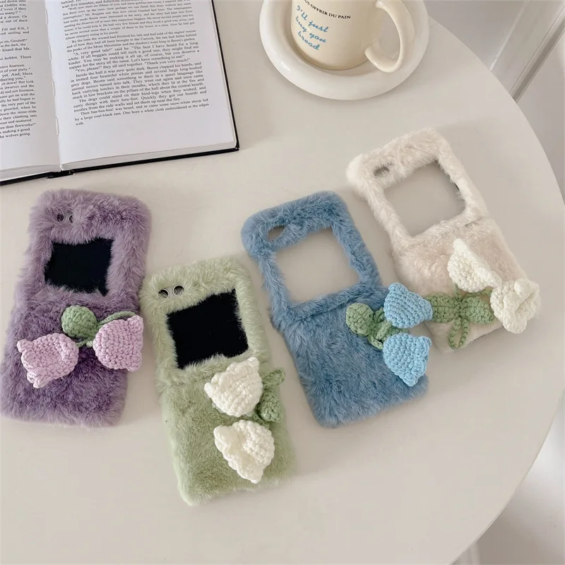 Plush Knitted Flowers Phone Case for Samsung Galaxy Z Flip 3 Z Flip 4 Z Flip 5 Hard PC Back Cover for ZFlip5 Case Shell