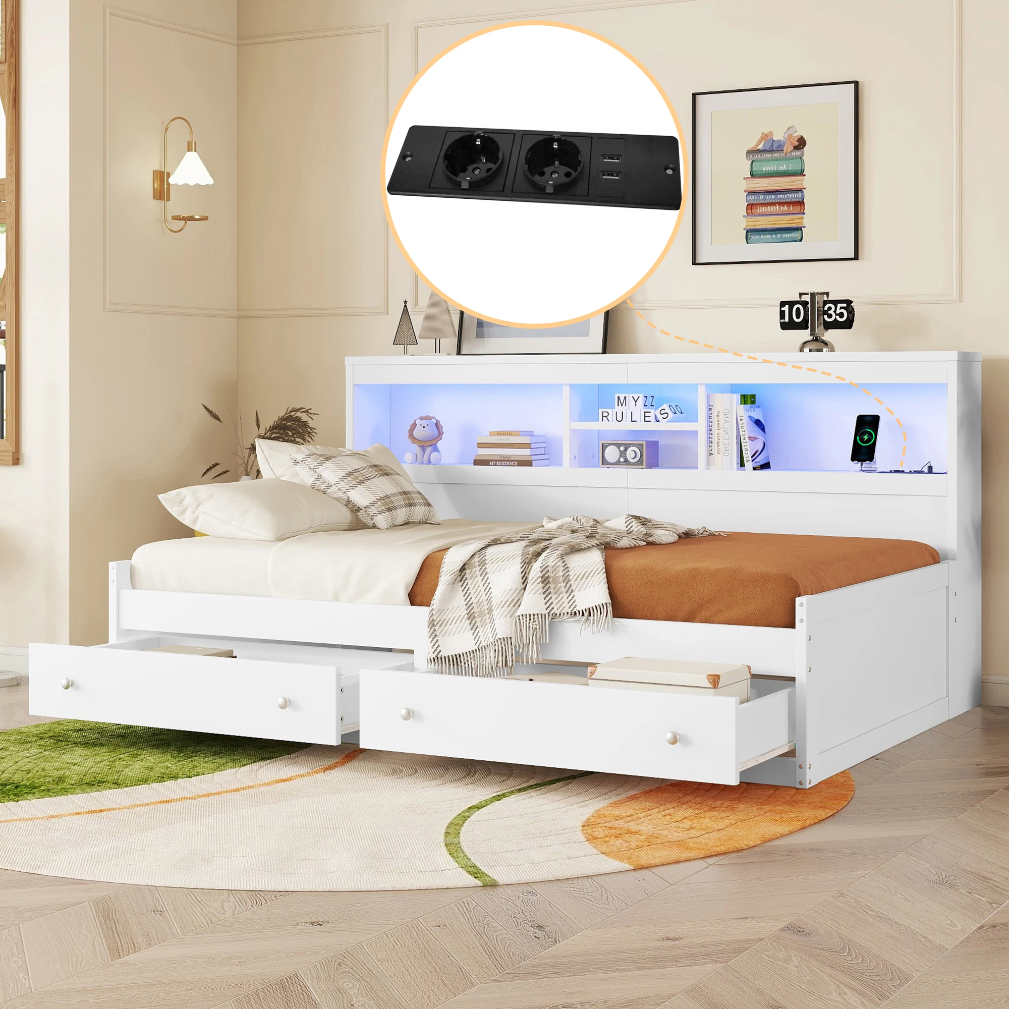 Lit banquette simple 90 × 200 cm 2 tiroirs, USB, prises et LED réglables - sans matelas, Bois-Blanc