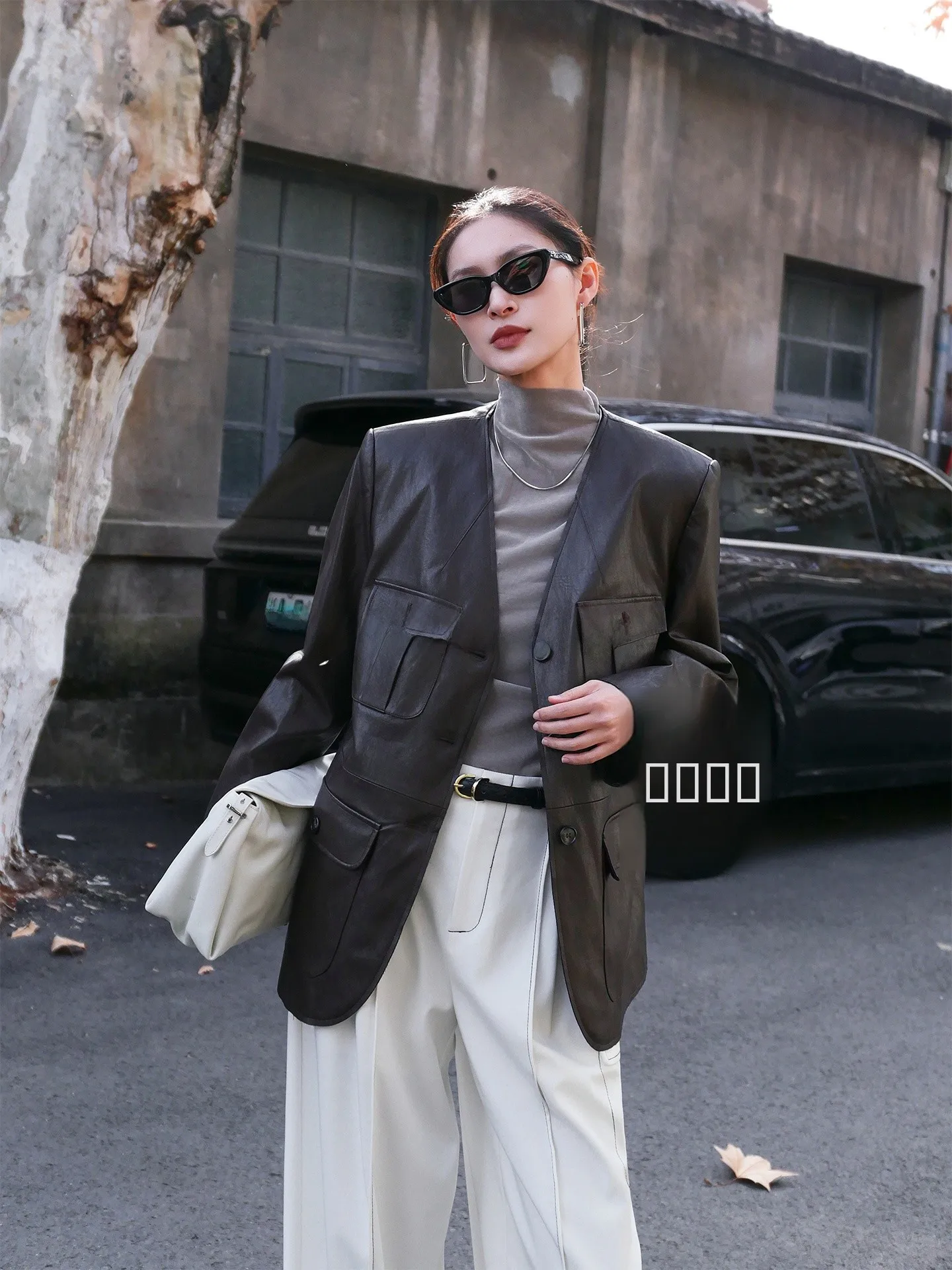 Jaqueta de Couro Vintage Americana Jieji Zhang, Estilo V-Ne, Multicolorida, Casual, Ajuste Solto