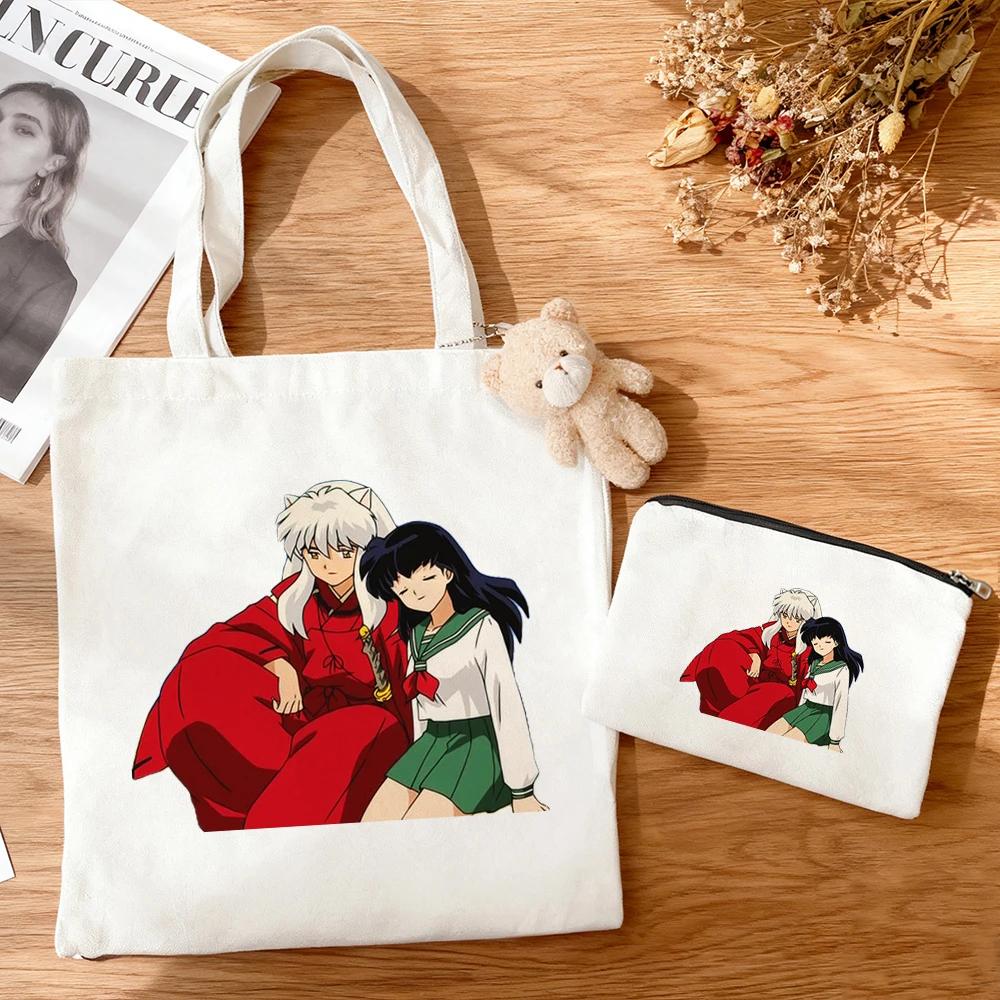 3pcs/set Inuyasha Canvas Tote Bag Anime Couple Character Print Eco Cotton Reusable Shopping Bag Otaku Daily Shoulder Handbag