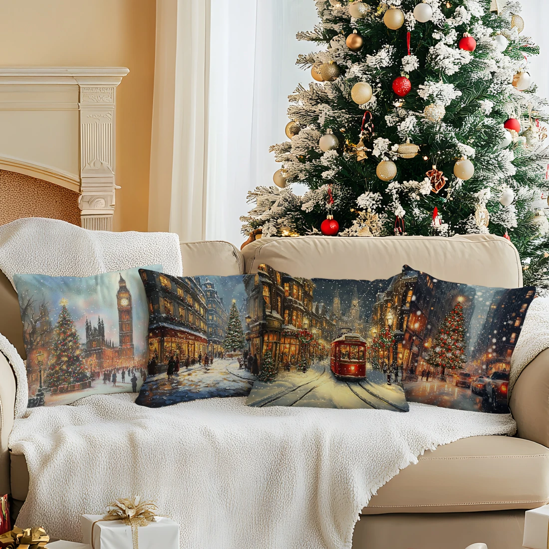 Christmas Street Cushions Pillowcase Polyester Cushion Cover Throw Pillow Pillowcover Home Car Sofa Decor