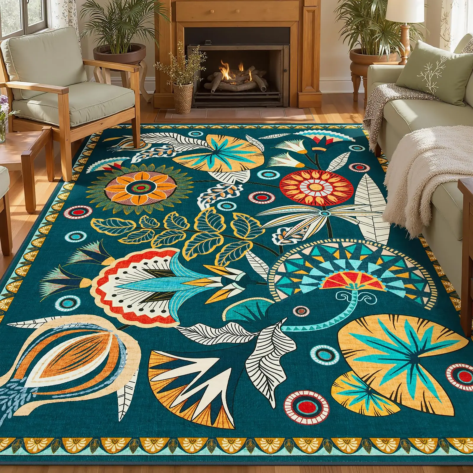 Nordic Boho Floral Area Rug, Large Living Room Carpet, Non-Slip Washable Floor Mat for Small Space Home
