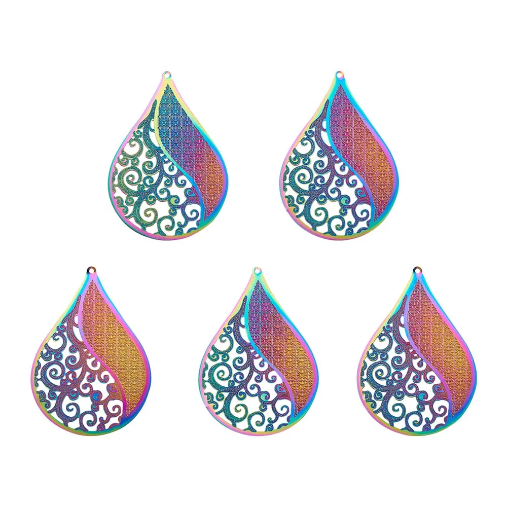 5 stücke Hohl Geometrie Blatt Schmetterling Blume Herz Edelstahl Filigrane Anhänger Regenbogen Farbe Charms Für DIY Ohrring Schmuck