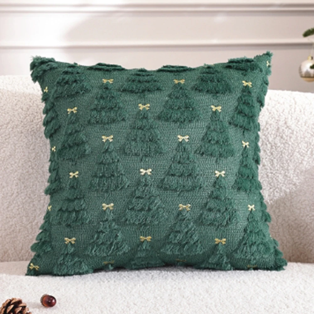 Christmas Pillow Covers 18x18 Inch Christmas Tree Bow Embroidered Decorative Pillowcase Faux Fur Plush Couch Cover Holiday Decor