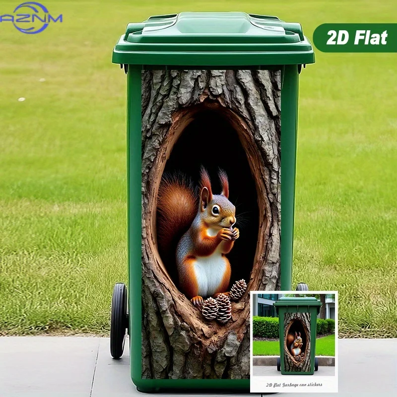 1PC Adorable Squirrel Peeking From Tree Pattern 2D Flat Garbage Can Sticker, ×cm, Self-Adhesive, Glossy Surface, Single Use, S