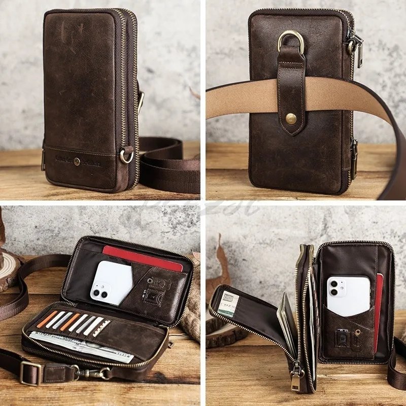 Men's Crazy Horse Skin Mobile Phone Bag Multi Card Outdoor Travel Portable Multi Functional Waist Phone Storage Bag - view 6