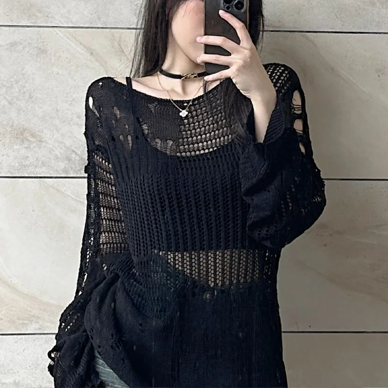 

2024 Summer Fashion New Korean Solid Color Hollow Out Hole Knitting Loose Long Sleeved Perspective Affordable Comfortable Tops