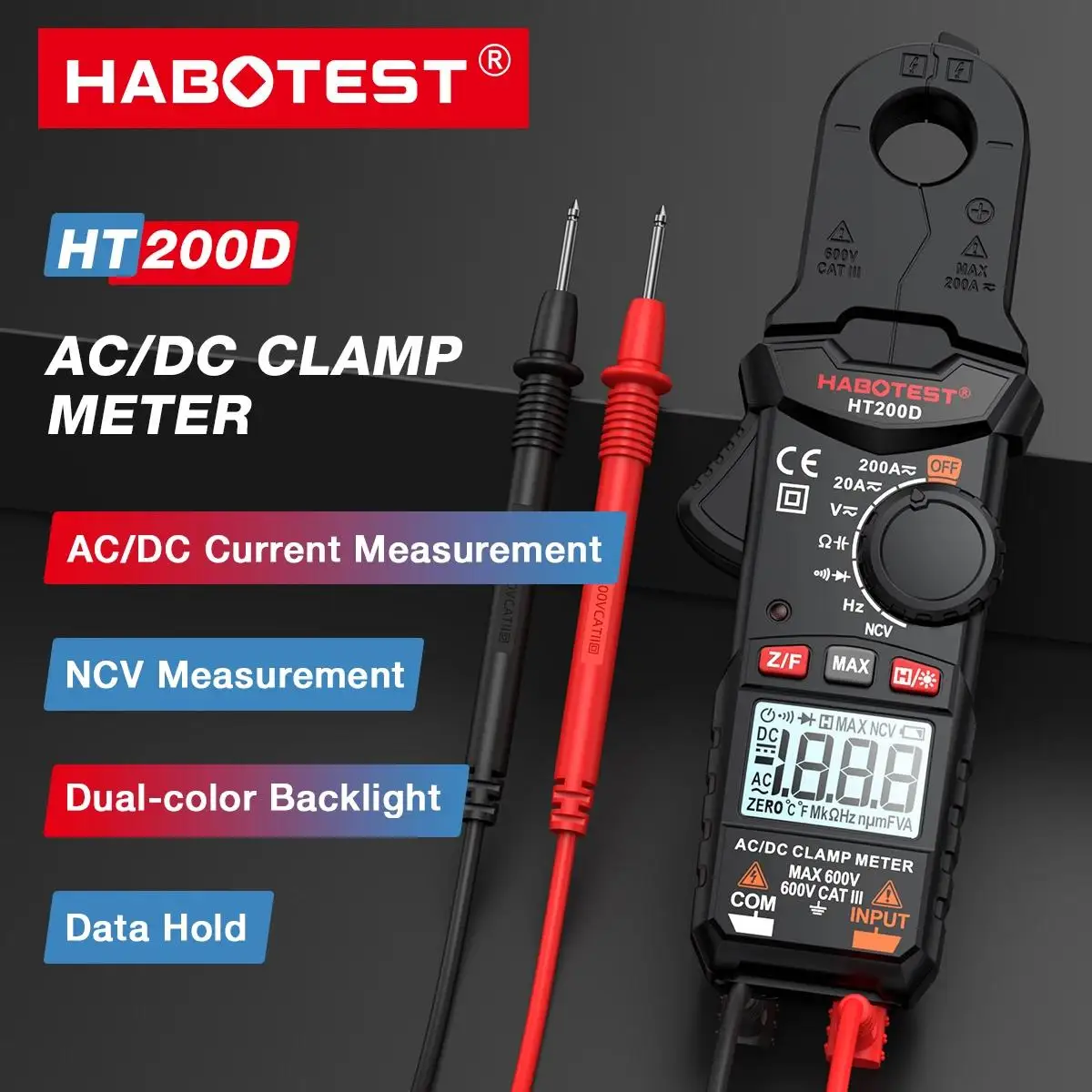 HABOTEST HT200D Clamp Meter DC/AC Current Voltage Digital Clamp Meter Measure the Frequency of Resistance Capacitance NCV Test