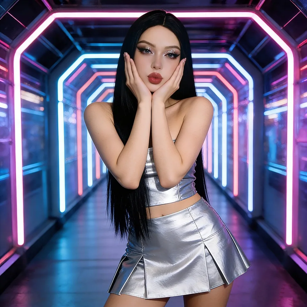 Best-selling Black 26-inch Synthetic Wig - Halloween Party Cosplay Role-Playing Wig - Daily Wig - High-Temperature Silk Wig Cap