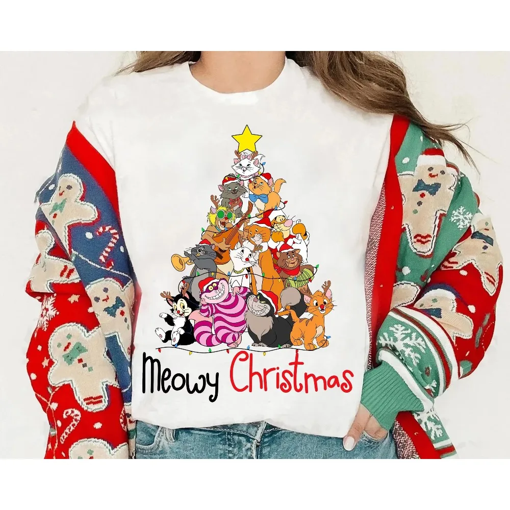 女性ディズニーアリストキャッツクリスマス Tシャツクリスマスパーティー Tシャツベリーメリークリスマスシャツオーバーサイズ快適なソフト Tシャツ