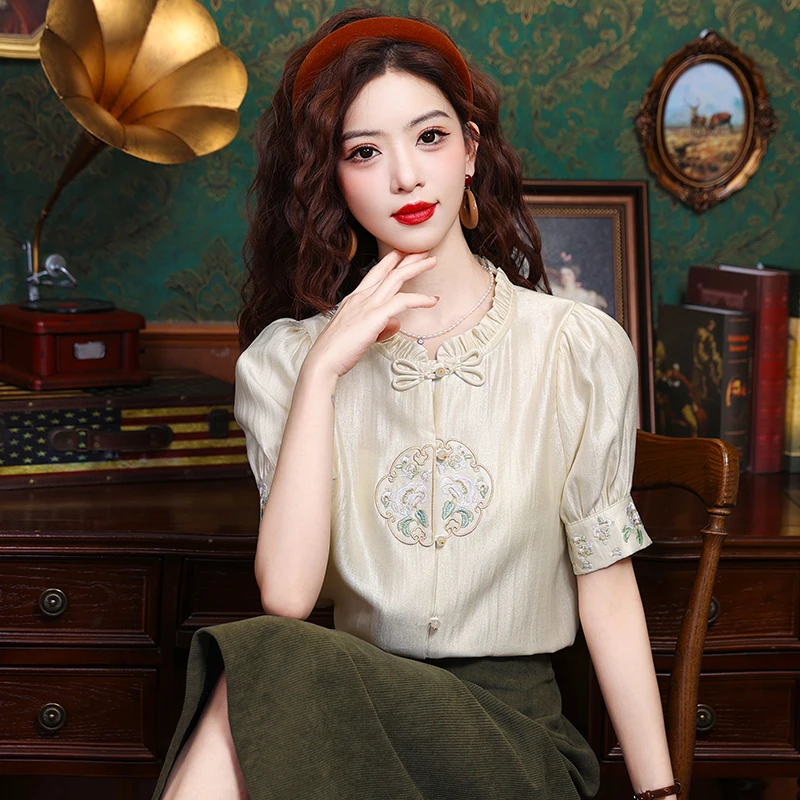 Summer Short Sleeve Stand Collar Women Shirt Embroidery Chiffon Shirt Blouse Women Tops Blusas Mujer De Moda 2024 Verano K116