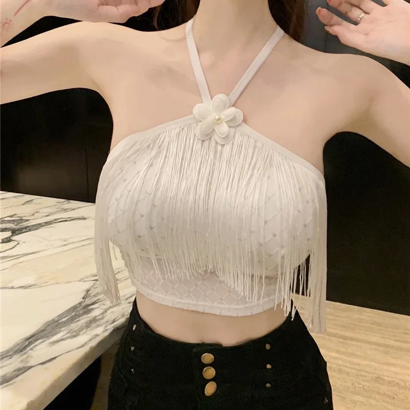 Canotta slim senza maniche tinta unita da donna con nappa sexy estiva