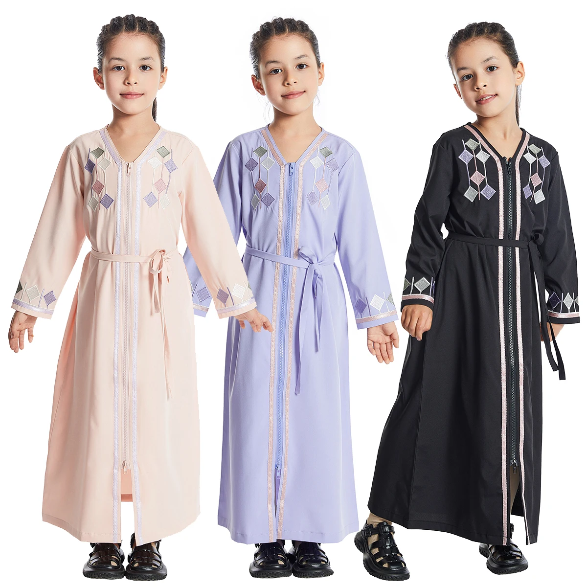 Muslim Girls V-Neck Full Sleeves Spring Autumn Wear Embroidery Long Dress Arab Big Kids Male Ankle Length Belt Abaya