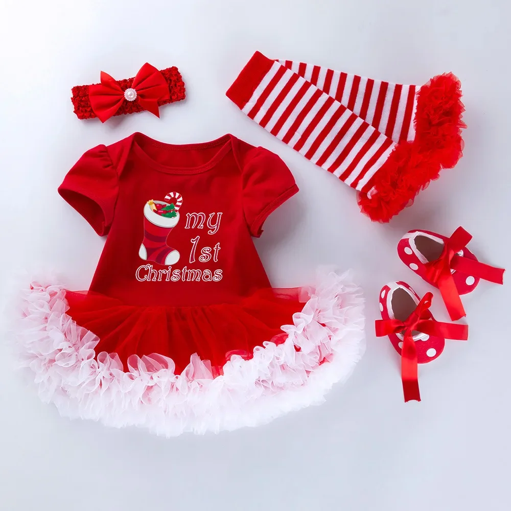 Christmas Baby Clothing Newborn Clothes Set Snow Flower Print Rompers Dress + Headband Shoes Outfits Baby\'s My First X-mas Gifts