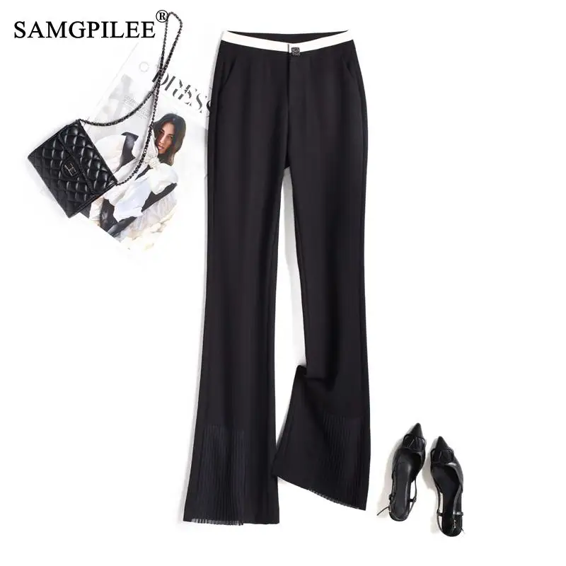 

Women's Pants 2023 Hepburn Style Black Y2k Streetwear Slim Elastic Contrast Color Pinched Pleated Nine Point Flared Trousers 4XL