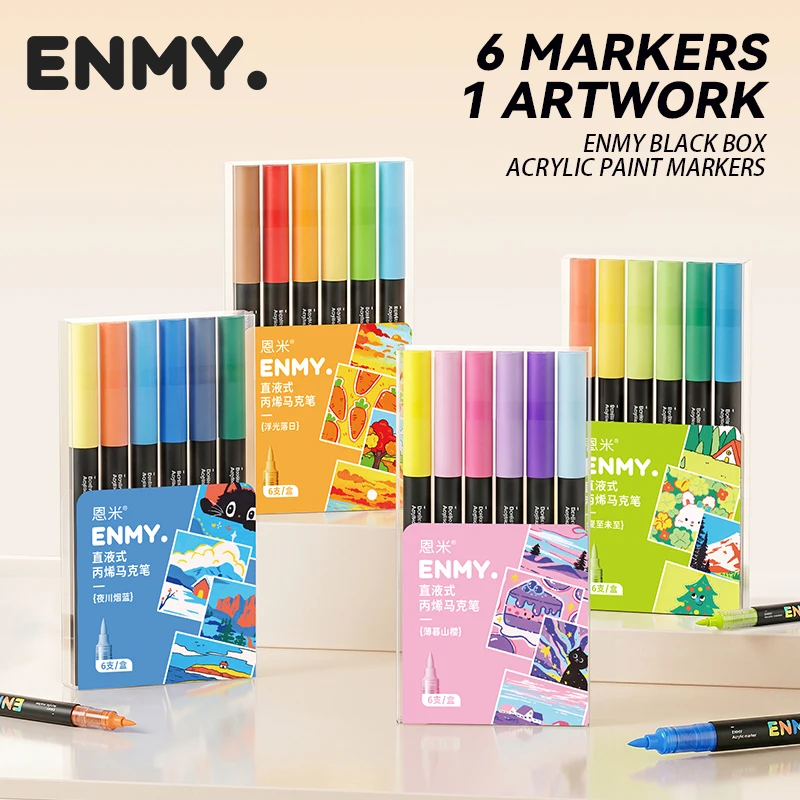 ENMY Acrylic Marker Pen 6pcs Direct Liquid Acrylic Paint Markers Pens Fabric Maca Canvas Rock Glass Wood Paper DIY Art Markers