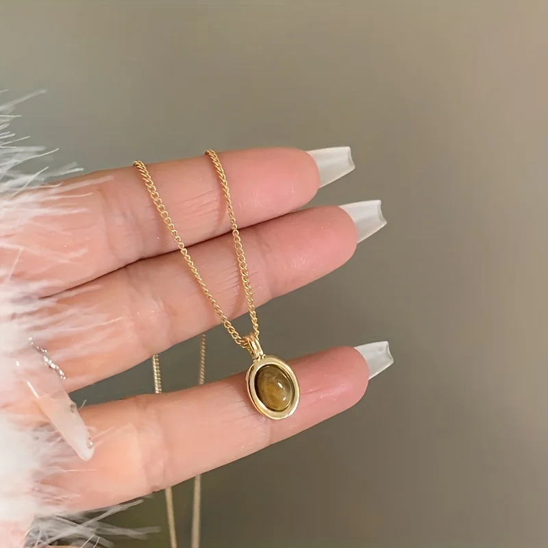 Fashion Stone Necklace for Women Stainless Steel Gold Color Oval Stone Pendant Choker Wedding Aesthetic Jewelry Accessories Gift