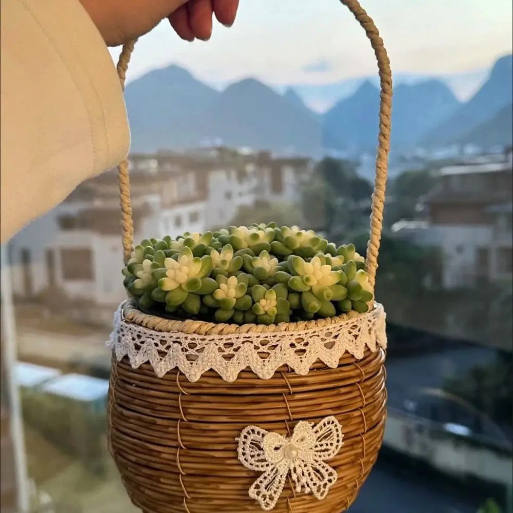 with Handle Imitation Rattan Handhold Household 2 Colors Braid Storage Baskets Handwoven Vegetable Fruit Flowers Holder