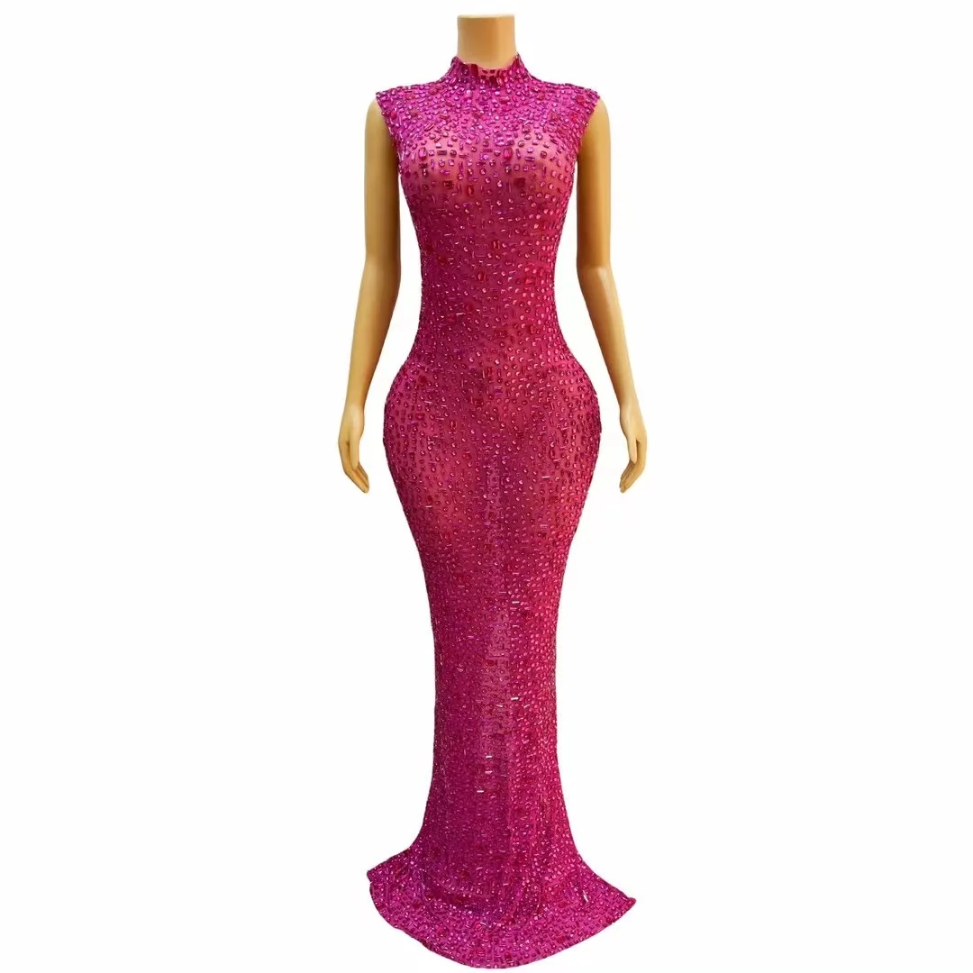 

Sparkly Red Rhinestone Sleeveless Stretch LondDress Women Sexy Mesh Celebrate EveningProm Birthday Dress Photo Shoot Show C300