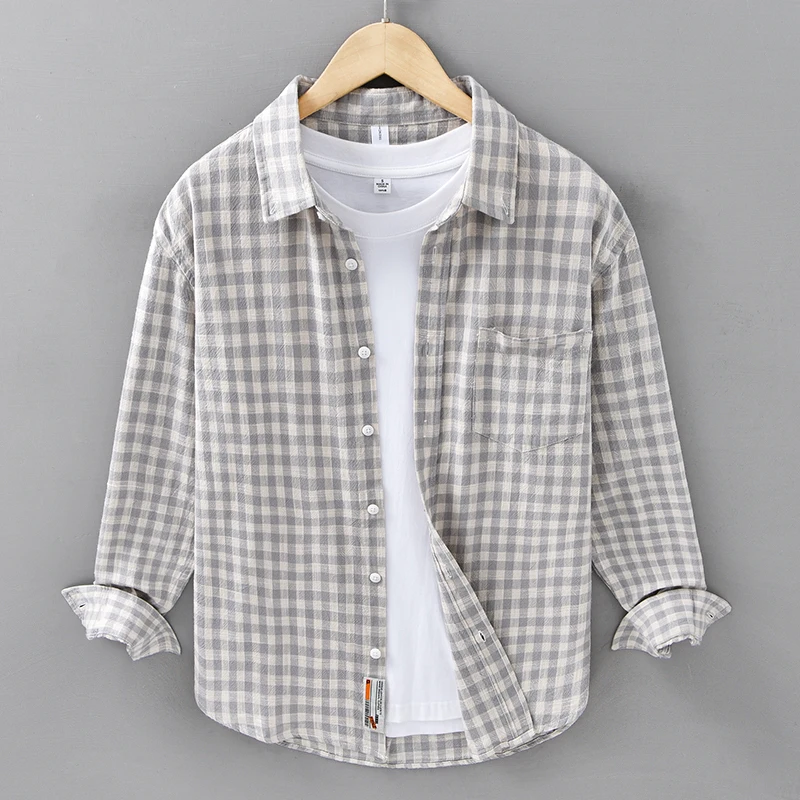

Men Brushed Plaid Long Sleeve Shirt with Chest Pocket Spring Summer Casual Square Collar Breathable Shirts Man Holiday Beachwear