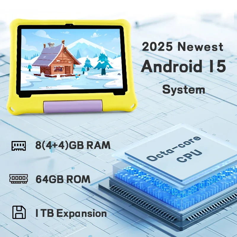 Tablet infantil, tablets Android 15 de 2025, tablet de 10,1" para crianças, 4 GB + 4 GB + 64 GB de até 1 TB, octa-core 1,8 GHz, 5000 mAh, controle parental