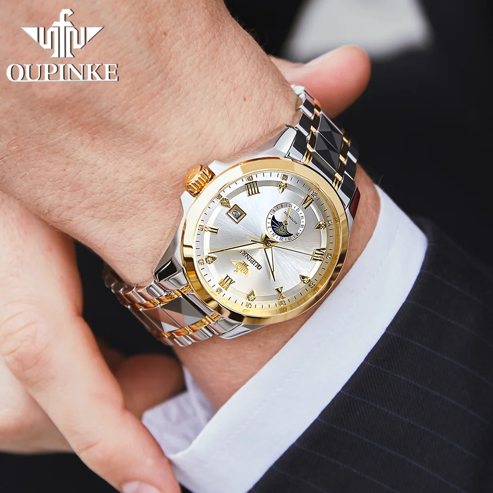 ساعات رجالية OUPINKE كاجوال عصرية من الفولاذ الناعم الأصلي ساعة يد ميكانيكية أوتوماتيكية مقاومة للماء مضيئة تاريخ القمر المرحلة الجديدة