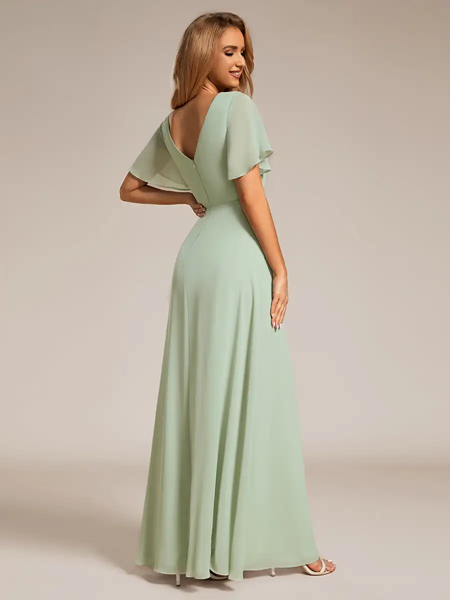 Elegant Evening Dresses V-Neck High Slit Empire Waist Short Sleeves 2025 Ever Pretty of Mint Green Chiffon Bridesmaid Dress