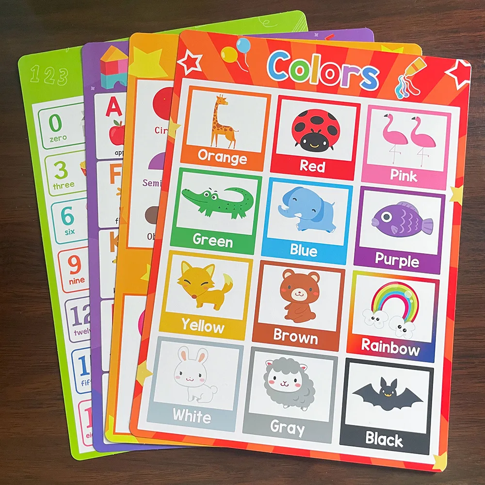 20 Themed Posters Set, A4 English Animal Fruit Emotion Preposition Number Word Cognition Poster Suitable for Children