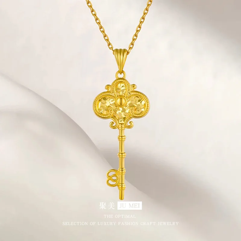 

Luxury 24K 9999 Pure Gold real gold Women's Ice Crushed Heart Key Pendant Necklace