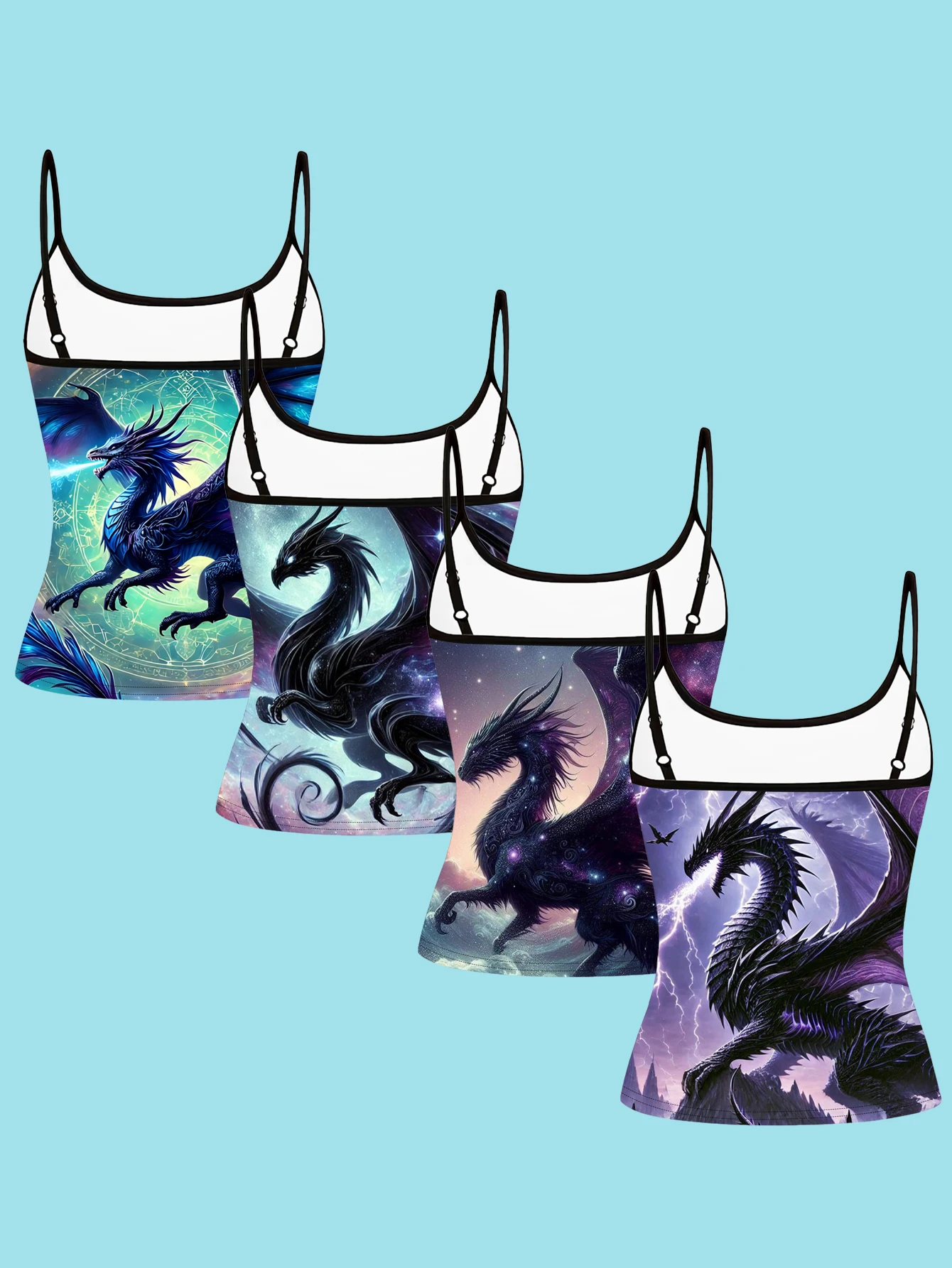4-Piece Set of Women's Dark Starry Sky Dragon Print Camisoles, Magic Circle Nebula Lightning Western Dragon Slim-Fit Spaghetti Strap Inner Tops