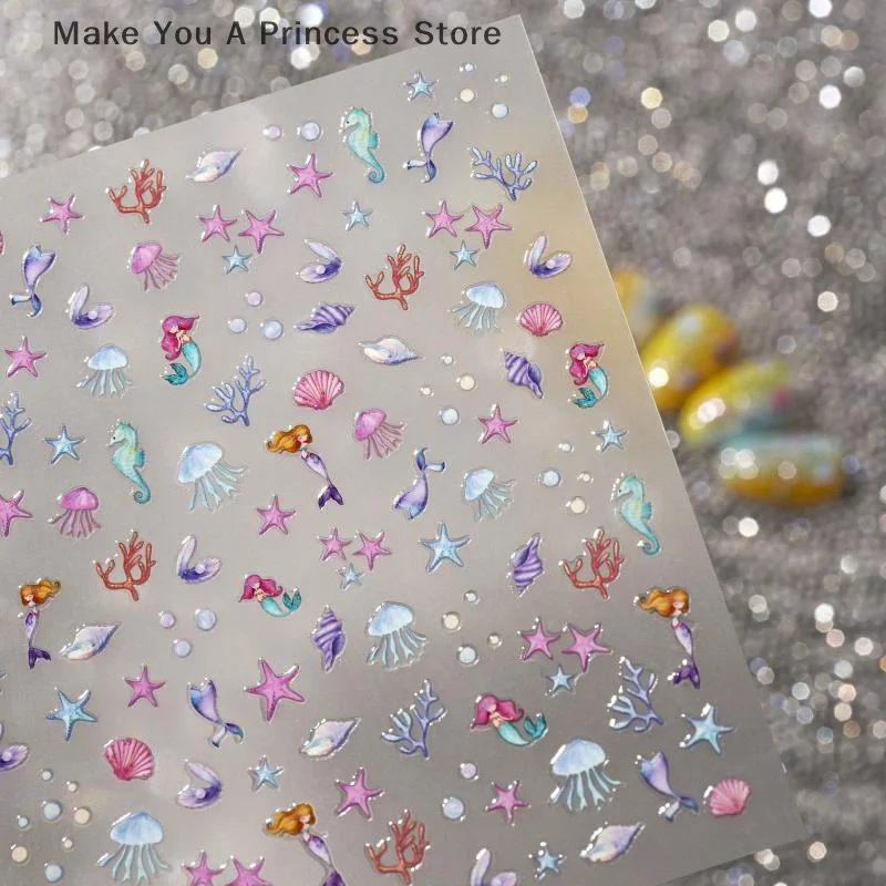 Pegatinas para decoración de uñas, Color bonito, océano, relieve 3D, estrella de mar de verano, concha, calcomanías para decoración de uñas, suministros para decoración de uñas