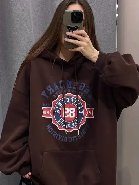 الكلاسيكية طلاب الجامعات كبيرة الحجم هوديس رمادي أبيض بلوزات الأمريكية شارة مطبوعة كم طويل البلوز الخريف الشتاء النساء