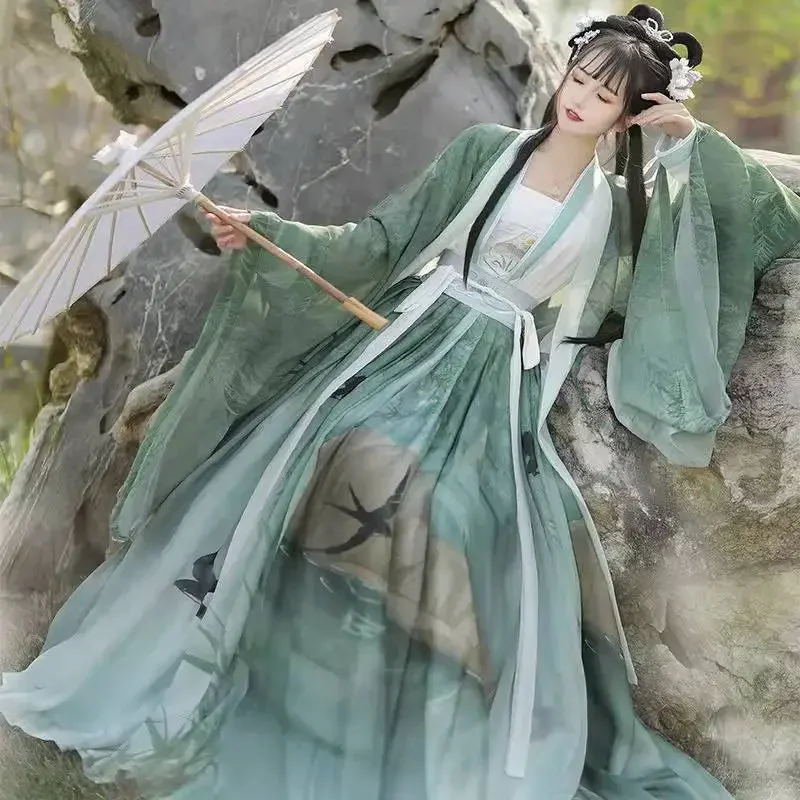 Hanfu ดั้งเดิมชุดจีนโบราณ3ชิ้นชุดเต้นรำแบบดั้งเดิมชุดนางฟ้าพื้นบ้านสำหรับรับปริญญา