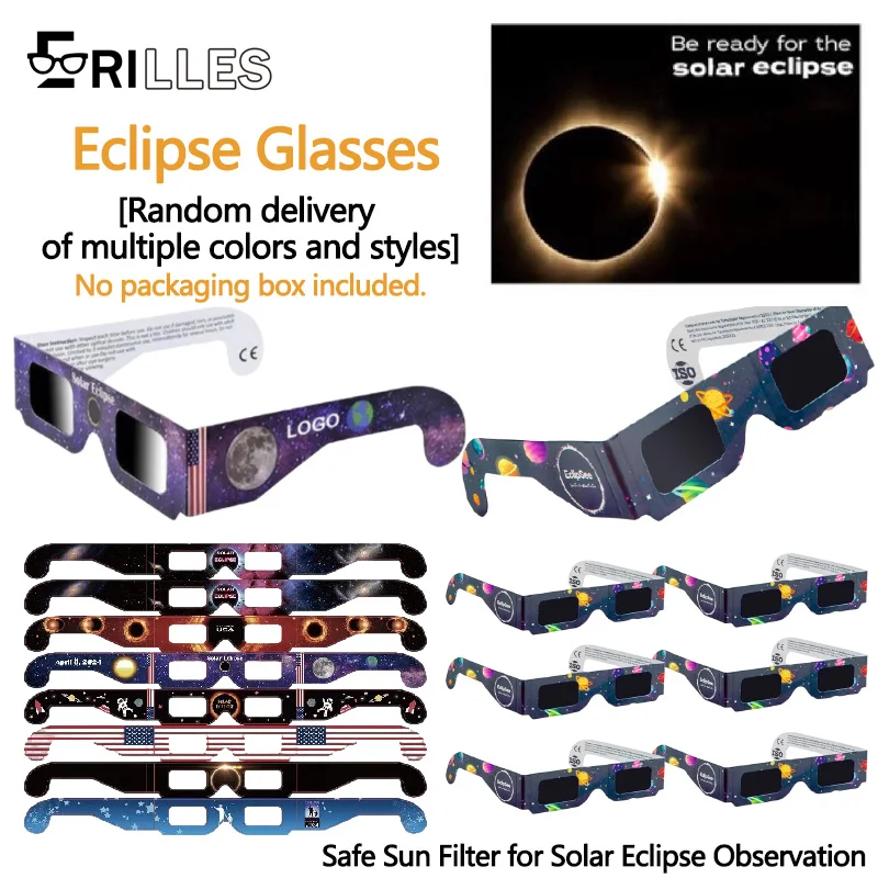 Óculos de eclipse certificados ISO, visualizador solar de moldura de papel, filtro solar seguro para observação de eclipse solar, pacote familiar de 6 peças, aleatório